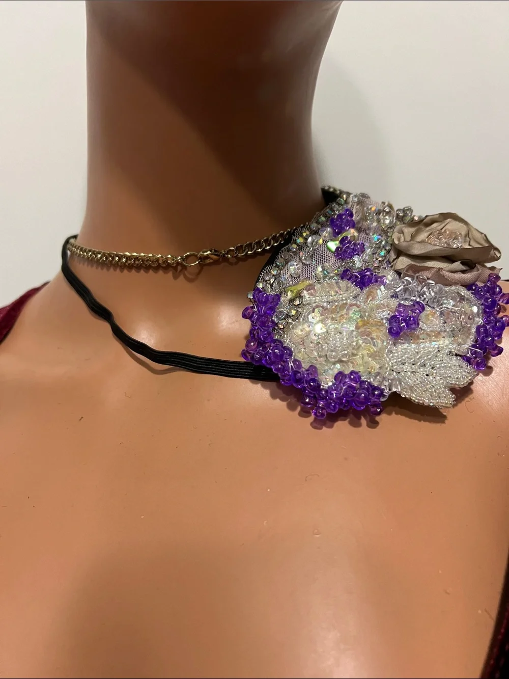 Purple Beaded Decorative Sleep Mask with Champagne Flower Accent